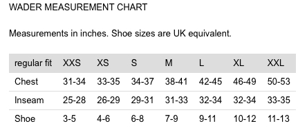 Vision Atom Wader Size chart